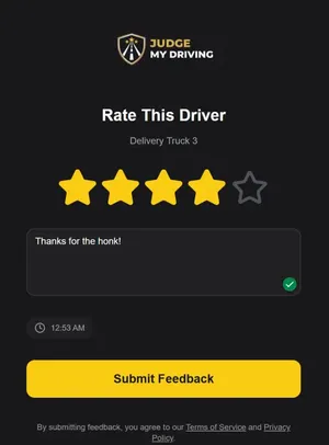 Judge My Driving scan page — rate this driver with stars and a comment